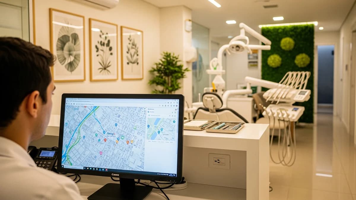 Consultório odontológico moderno no Brasil com dentista verificando perfil do Google no computador